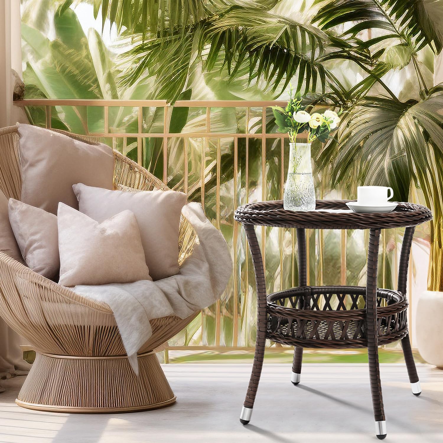 Outdoor Side Table Wicker Outdoor End Table for Patio Rattan Side Table