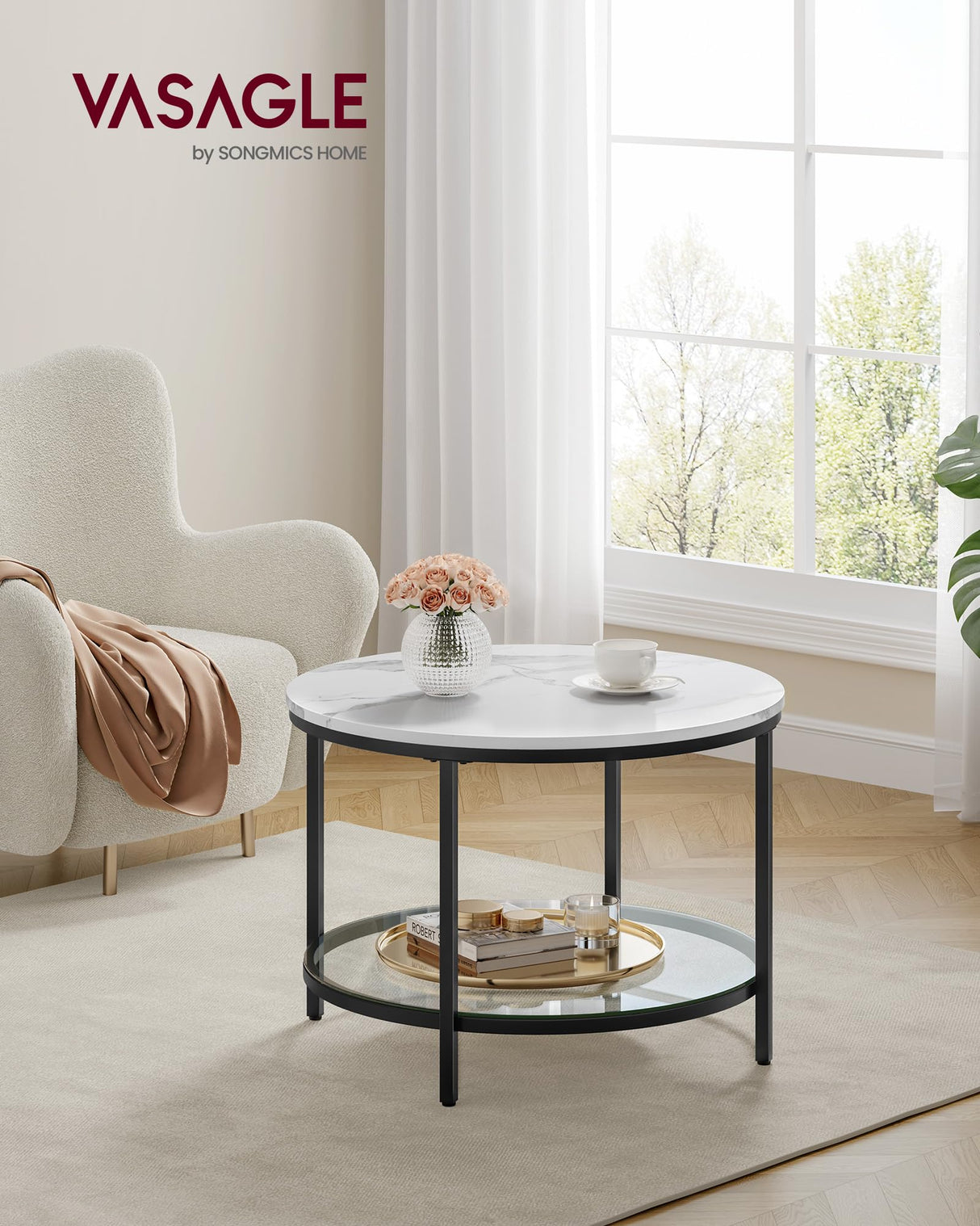 Round Coffee Table, Small Coffee Table with Faux Marble Top and Glass Storage Shelf,