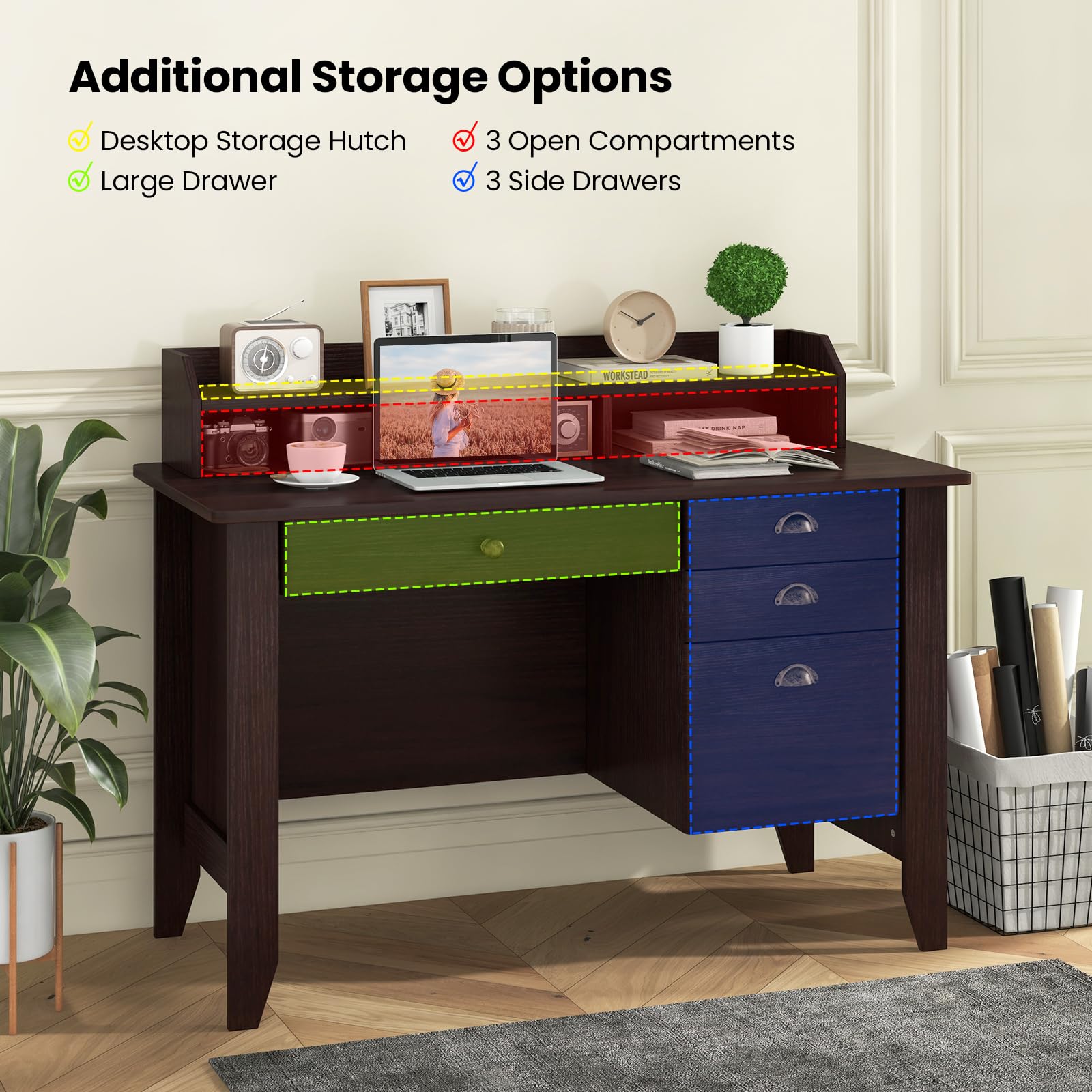 Computer Desk with 4 Storage Drawers & Hutch, Home Office Desk Vintage Desk