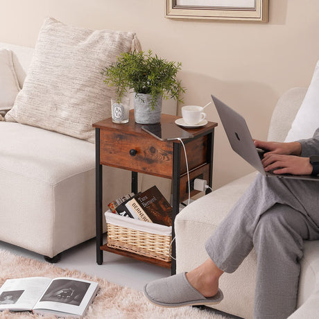 Nightstand with Charging Station, Side Table End Table with Large Drawer