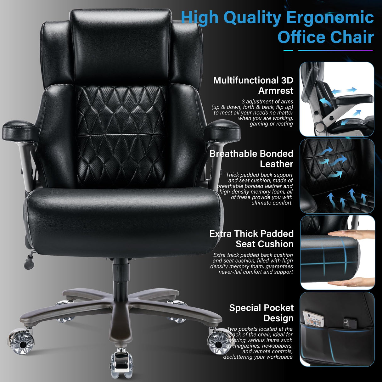 Big and Tall 500lbs Office Chair - Adjustable Lumbar Support 3D Flip Arms Heavy Duty