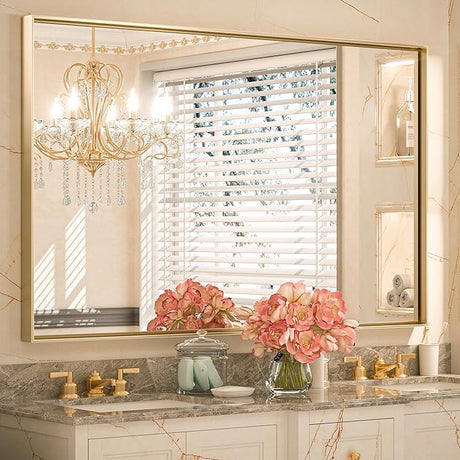 Silver Bathroom Vanity Mirror 60 x 30 Inch Rectangular Wall Mirror Large Metal Framed Mirror Square Corner Farmhouse Mirror,