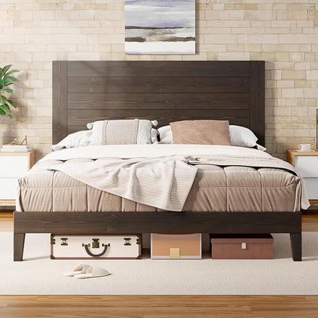 Solid Wood Bed Frame, Full Size Wooden Platform Bed with 48" Headboard, Mid-Century