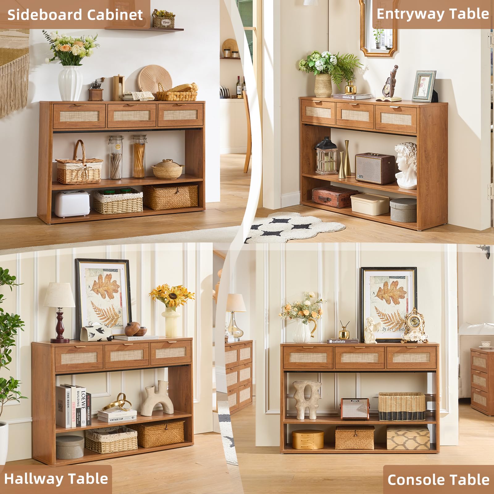 48" Boho Rattan Console Table with 3 Drawers