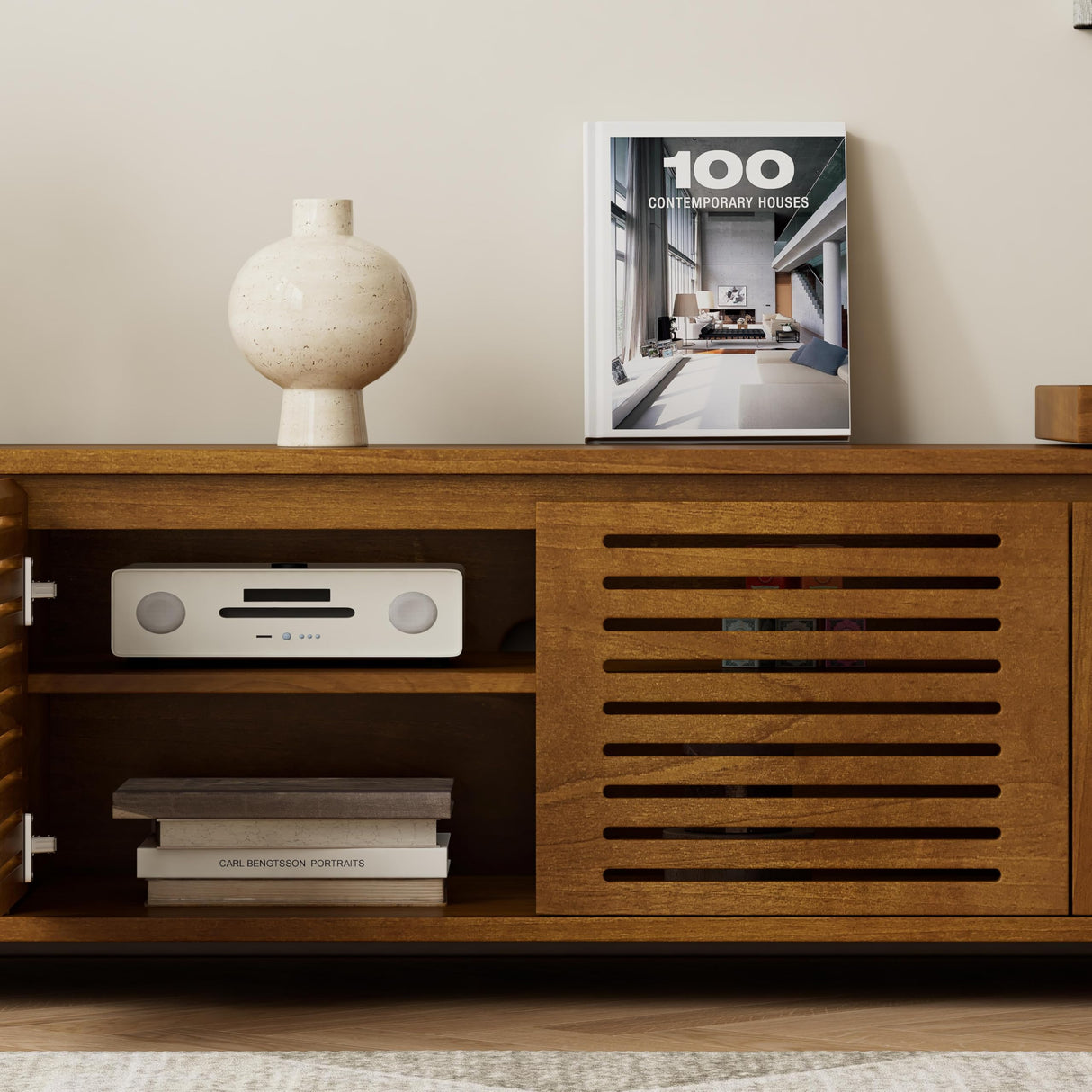LUMISOL Extendable TV Stand with 2 Doors, Media Extendable Console TV Table for TVs up to 75” Farmhouse Entertainment Cabinet with Storage and Adjustable Shelves for Living Room, Brown Ebony