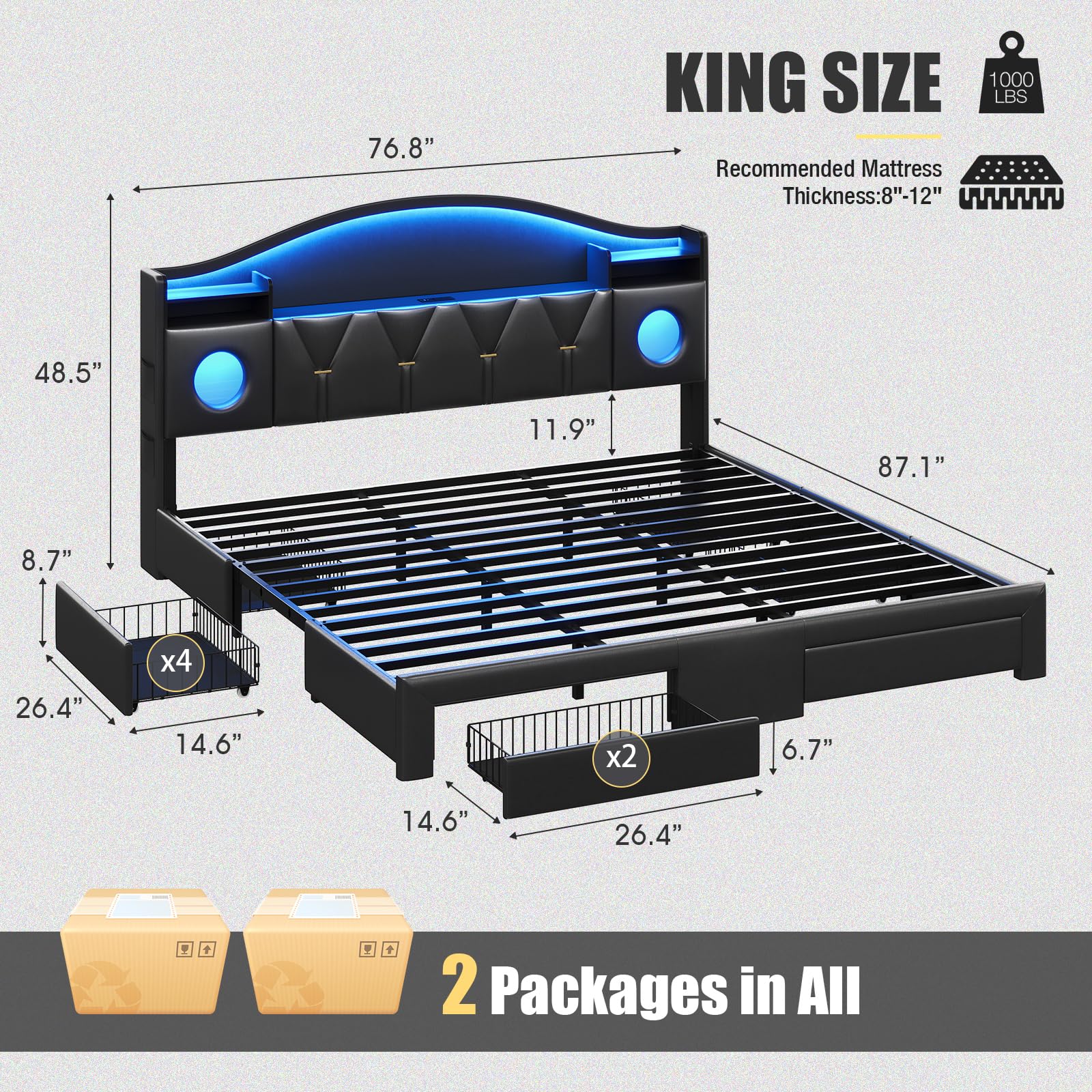 King Size Bed Frame with 6 Storage Drawers and LED Headboard