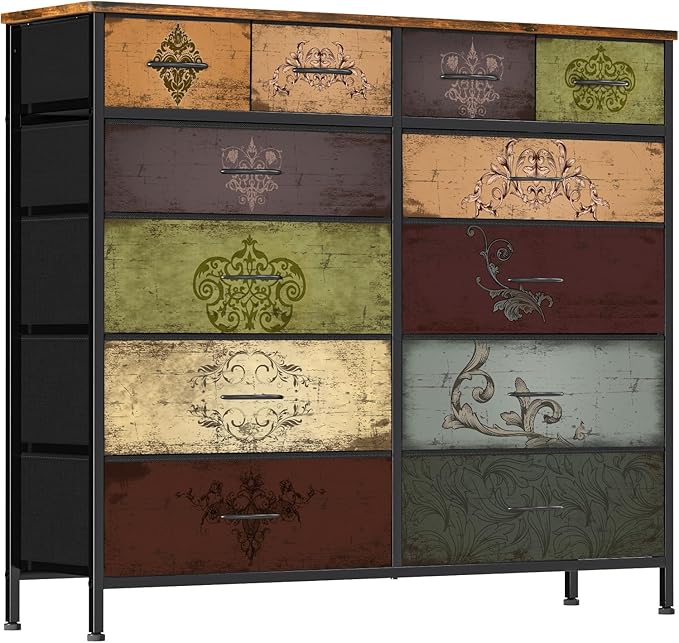 Compact 12 Drawers Dresser for Bedroom, Fabric Storage Tower, Chest of Drawers with Retro Wood Top for Closet, Nursery, Living Room