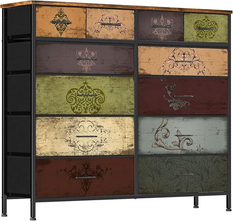 Compact 12 Drawers Dresser for Bedroom, Fabric Storage Tower, Chest of Drawers with Retro Wood Top for Closet, Nursery, Living Room