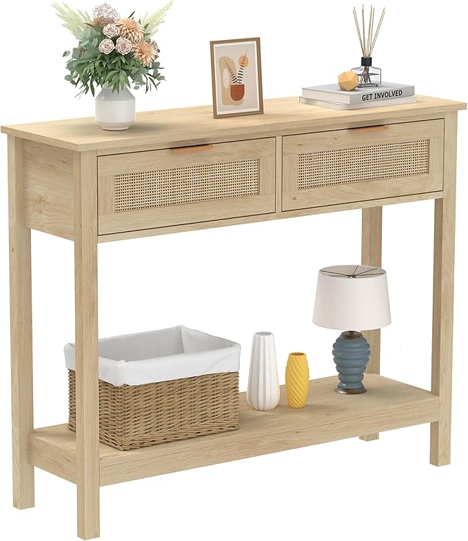 Farmhouse Rattan Console Table with 2 Drawers 2 Tier Boho Narrow Long Sofa Table