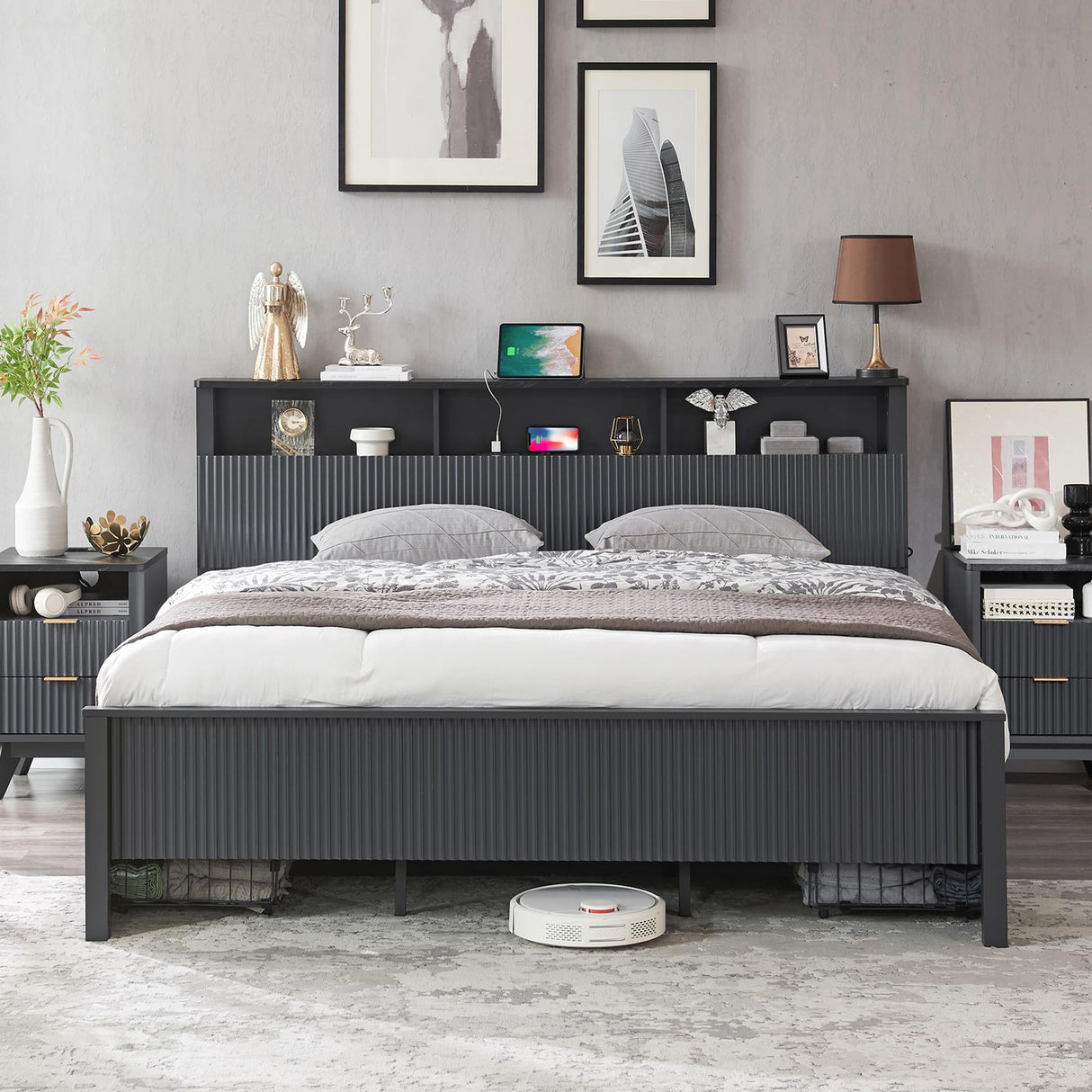 Fluted Panel Queen Bed Frame with Bookcase Headboard & Charging Station