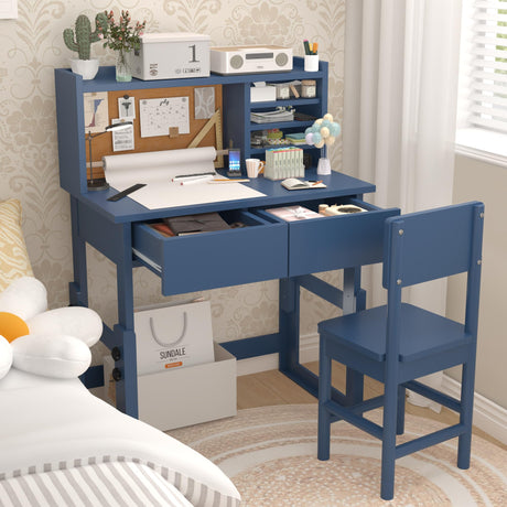 Ergonomic Height Adjustable Childrens Study Desk with 2 Drawers,Blue Kids Desk and Chair Set for 5-18 Year Old,Kids Art Table with Storage-UqJ30