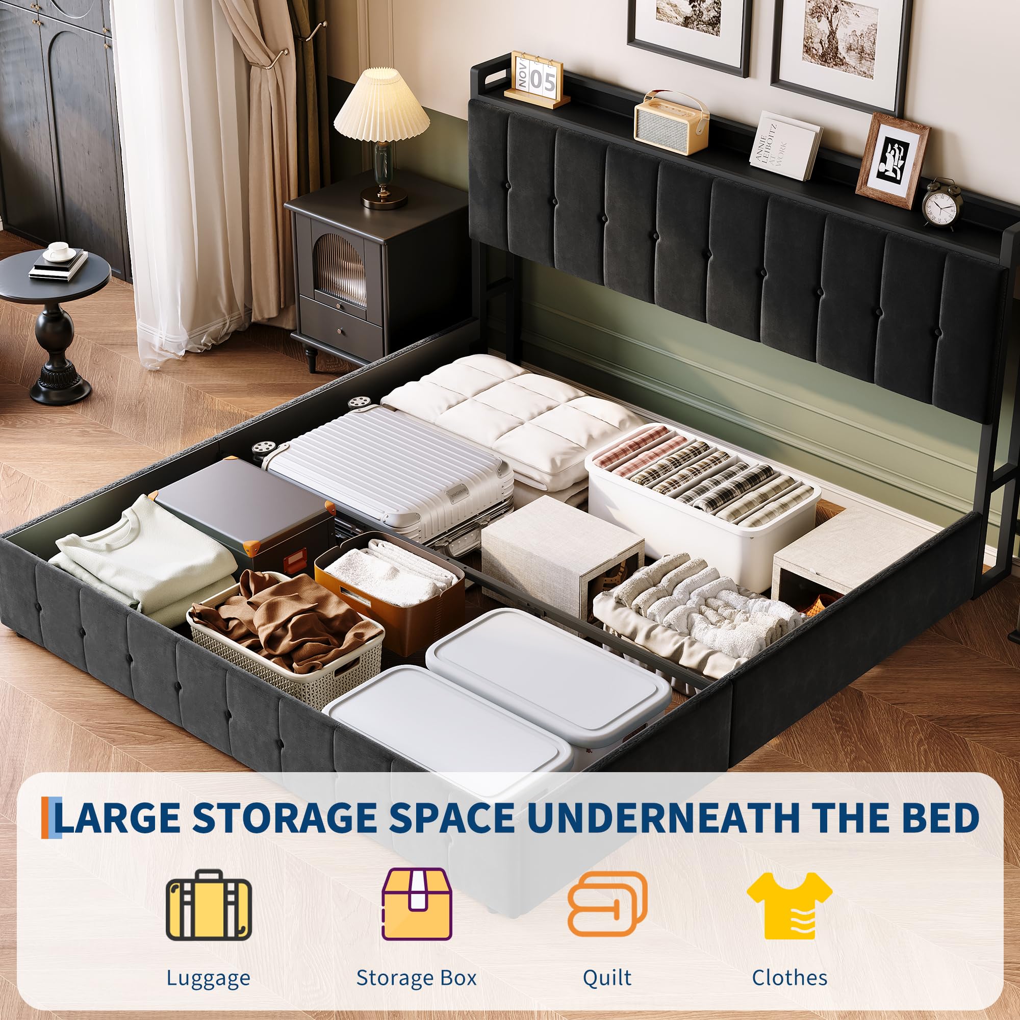 King Bed Frame with Lift-Up Storage - Upholstered Velvet Platform Bed