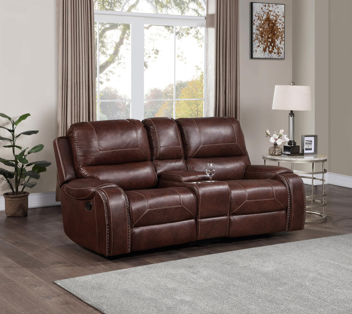 Manual Motion Glider Loveseat, Vegan Leather, 2-USB Charging Ports, 2-Cupholders, Dual