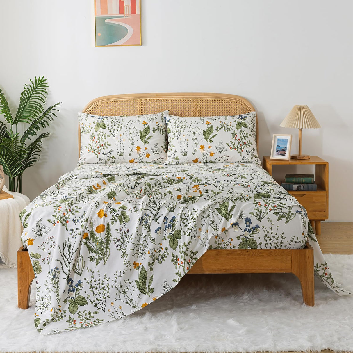 Queen Sheet Set 100% Percale Cotton Green Floral Bed Sheet Set Yellow Flower & Green