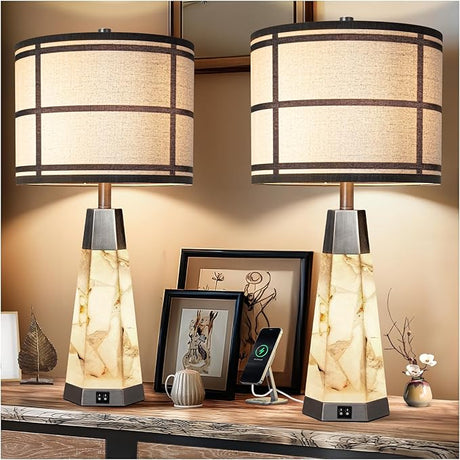 Natural Alabaster Nightstand Lamp Set of 2 with Night Light USB Ports Table Lamp