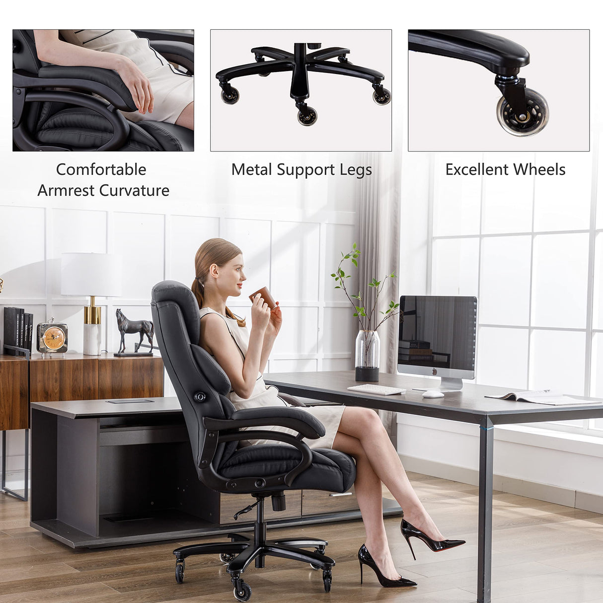 Office Chair Black Leather Ergonomic High Back Big and Tall Executive Home Office Chair