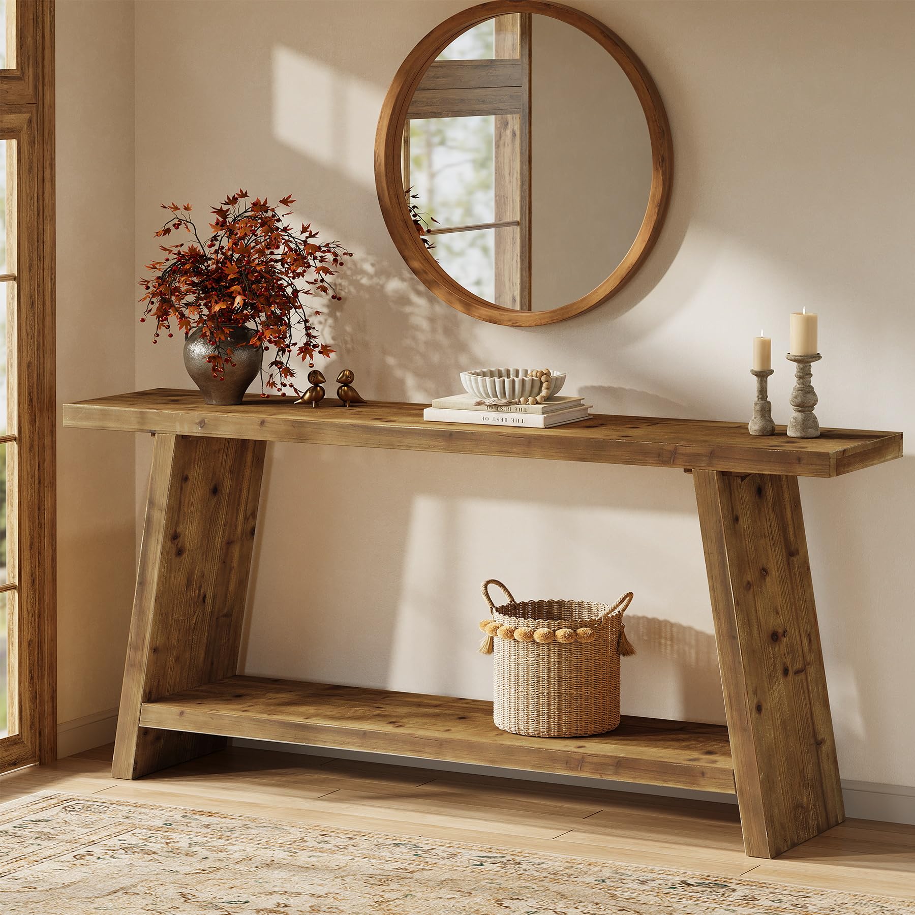 70.9" Solid Wood Console Table with 2-Tier Storage - Farmhouse Entryway Table