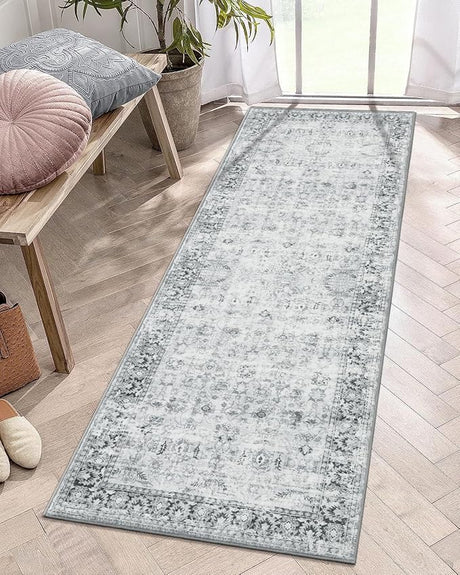 Washable Area Rug 8x10 Large Boho Living Room Rug Vintage Grey Rug for Bedroom