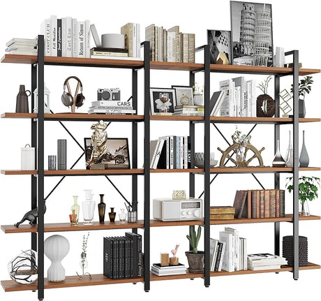 Wood and Metal Minimalist 5 Tier Bookshelf, 6 feet Tall Open Rustic Wide Bookcase