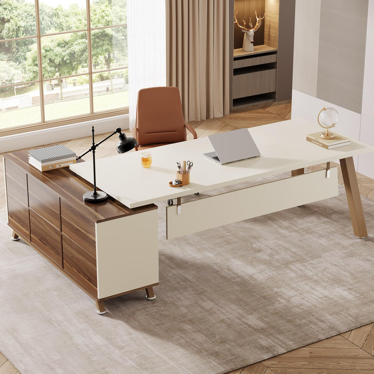 71-Inch Executive Desk, L-Shaped Desk with 55-Inch Cabinet, Large Office Desk