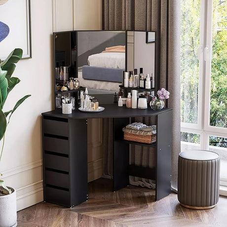 Desk with Mirror - White Makeup Table with 5 Sliding Drawers,Makeup Dressing Table