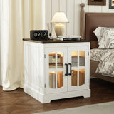 ChooChoo Farmhouse End Table, 24" Large Sofa Side Table with Charging Station & LED Light, White Nightstand with Adjustable Storage Shelf, Square Bedside Table for Living Room, Bedroom, Office