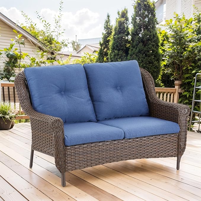 Patio Wicker Sofa Brown Rattan Loveseat Outdoor Couch