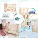 Mini Baby Crib 6 in 1 with Adjustable Memory Foam Mattress Included, 2024 Natural Wood Convertible Crib with Foldable Storage Baby Playpen,