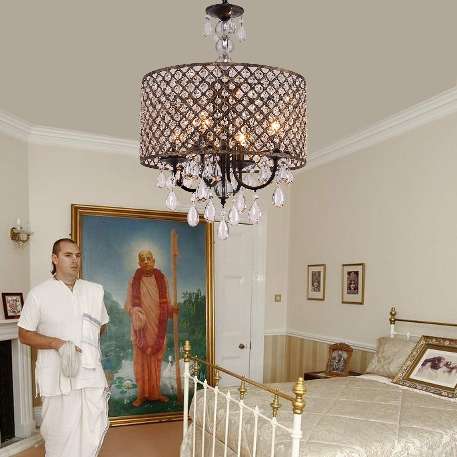 Modern Round Crystal Chandelier,Antique Beaded Drum Shade Copper Bronze 4 Lights