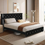 Upholstered Full Size Bed Frame with Diamond Headboard, Faux Leather Low Profile