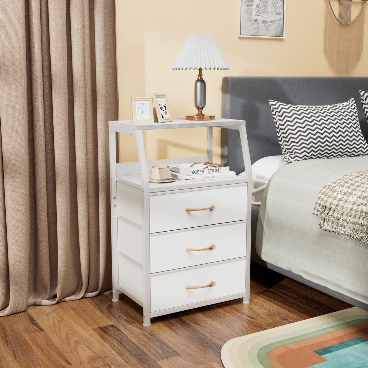 Nightstand with 3 Drawers and 2-Tier Shelf, Small Night Stand
