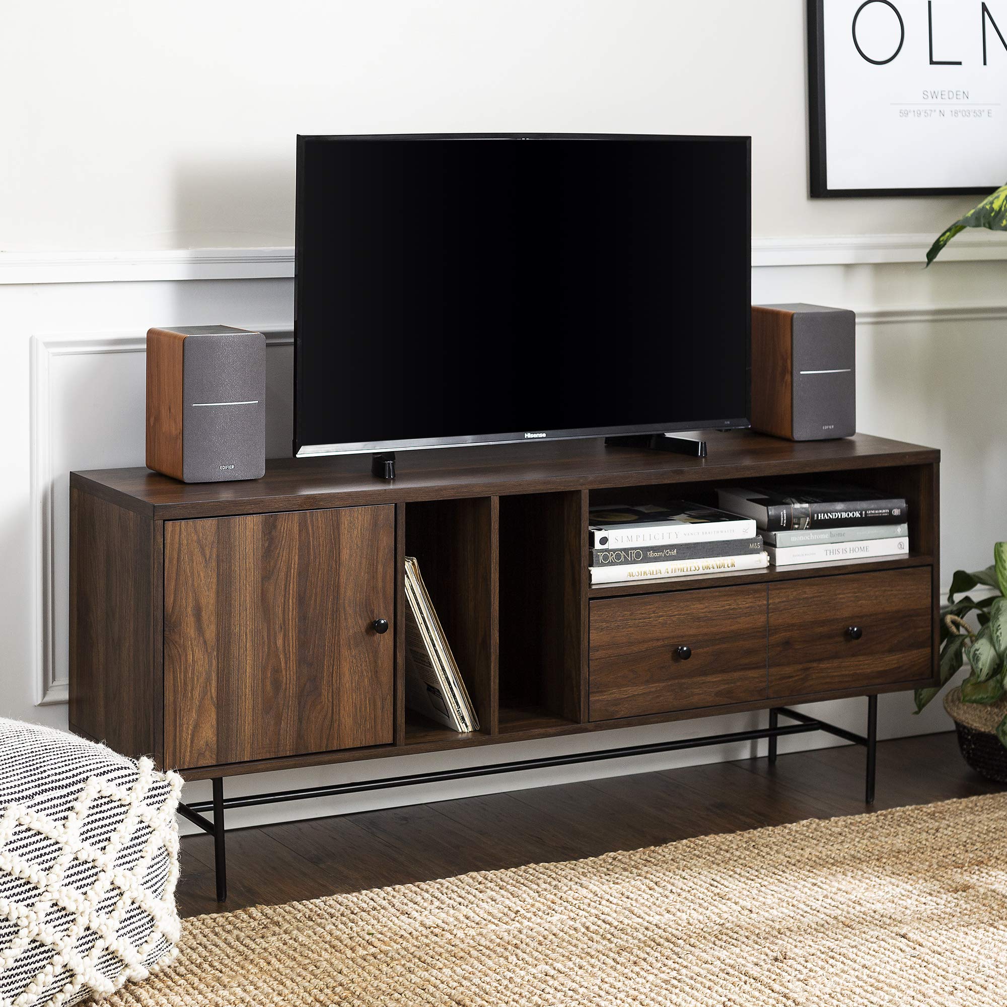 Modern Wood TV Stand with Record Storage for TV's up to 65