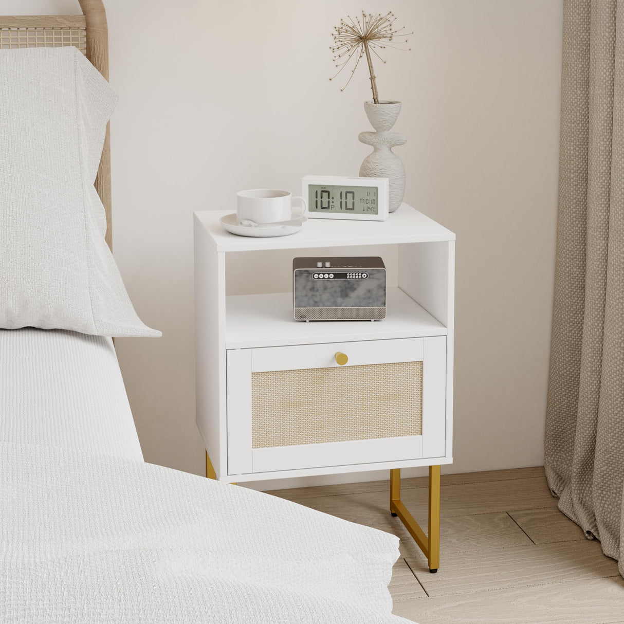 Rattan Nightstand,Farmhouse Bedside Table with Storage Drawer and Open Shelf,Modern