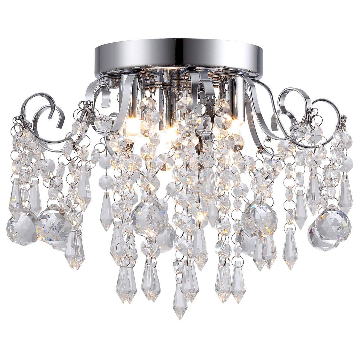 Small Crystal Chandelier Flush Mount Ceiling Light 3 Lights Modern Chrome Iron Raindrop