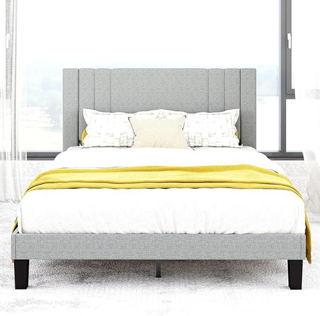 Queen Size Bed Frame, Linen Fabric Upholstered Platform