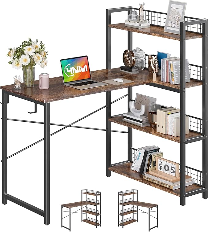 39.4" Small Computer L Shaped Desk with 4-Tier Bookshelf and 6 Hooks