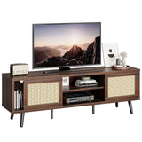 TV Stand for 75 Inch TV, 63” Entertainment Center with Sliding Doors, Rattan TV Console