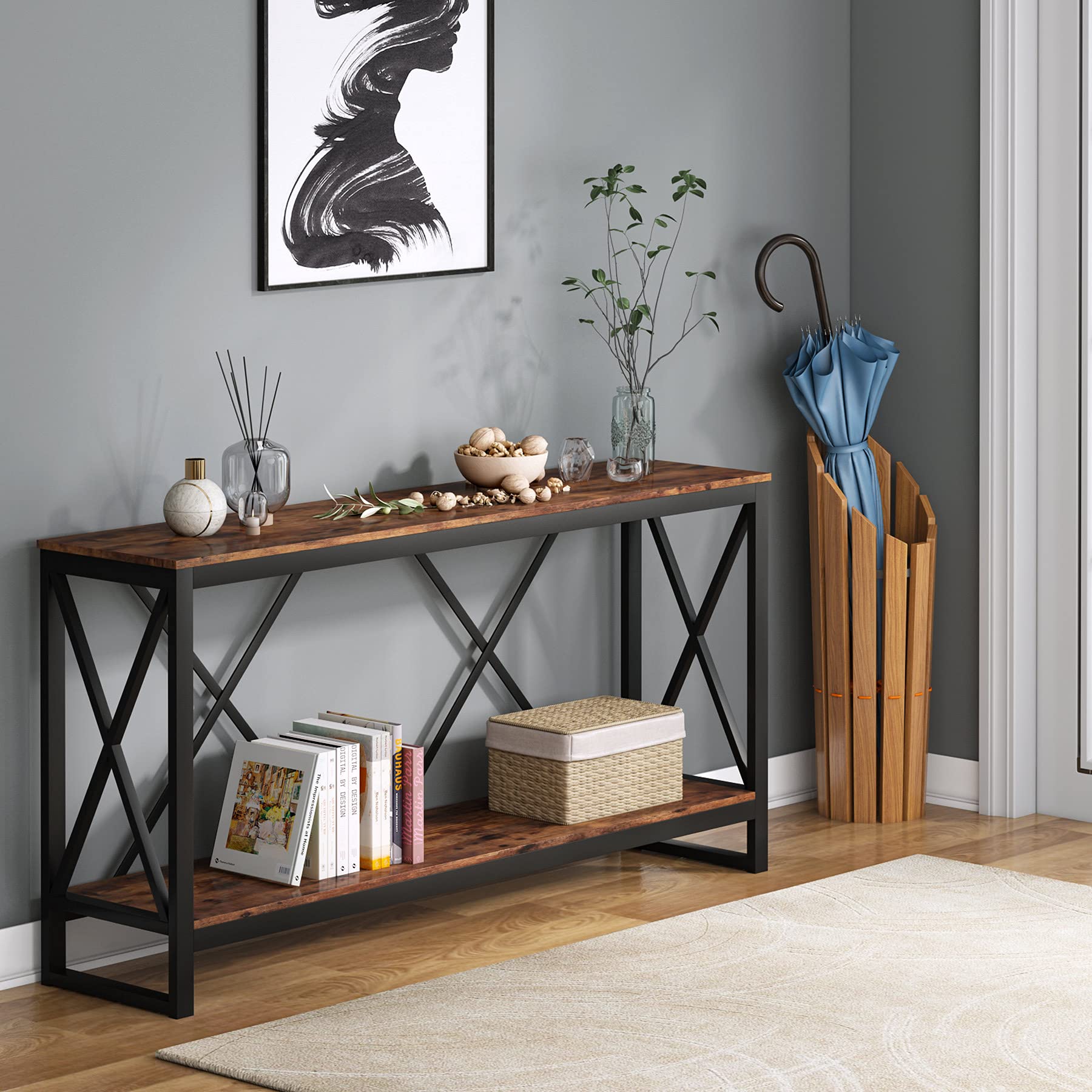 70.9 Inch Extra Long Console Table, Industrial Narrow Sofa Entry Behind Couch with Open Storage Shelf.