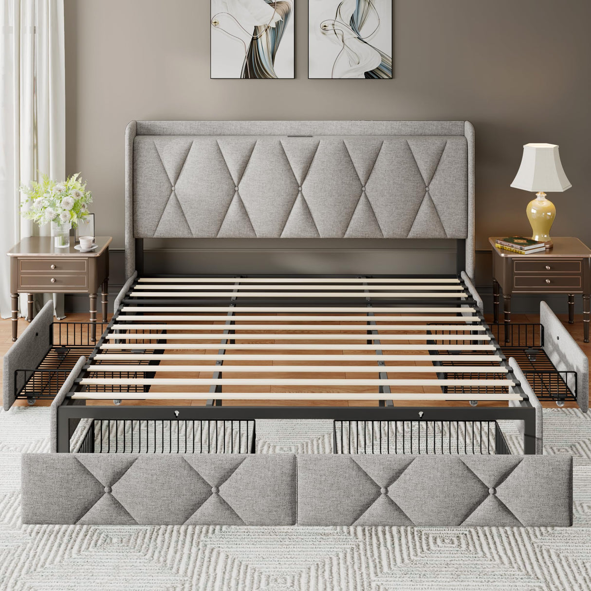 King Bed Frame with 4 Storage Drawers, Upholstered Button Tufted Storage Headboard