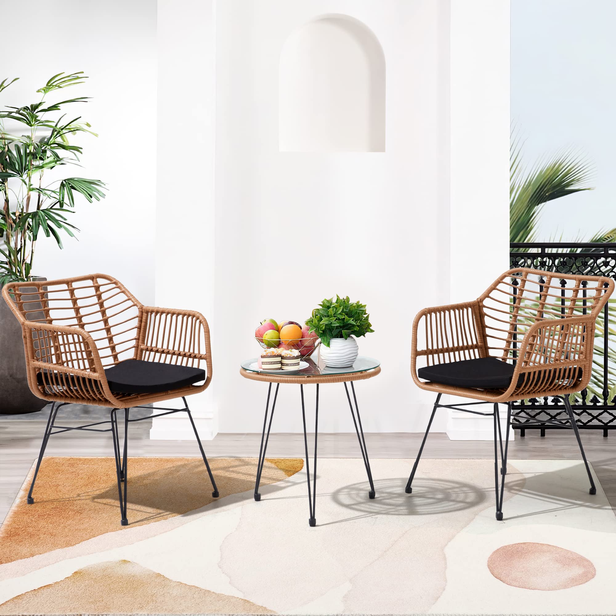 3 Pieces Wicker Patio Bistro Furniture Set, Includes 2 Chairs and Glass Top Tabler