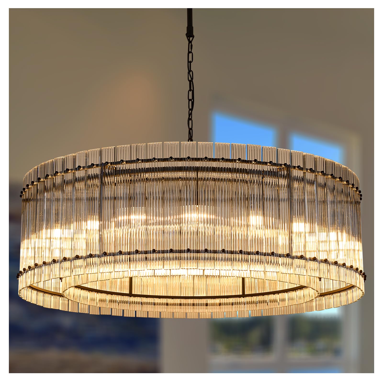Modern Black Crystal Chandelier, 18 Light Circular Farmhouse Chandelier, high Ceiling
