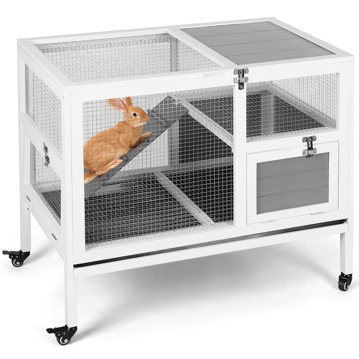 37” Rabbit Hutch Indoor, Wooden Bunny Cage with Casters, Wire Floor