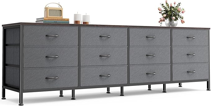 70 Inch Dresser for Bedroom, TV Stand for 65, 75, 80 Inch TV, 12 Fabric Drawer Long