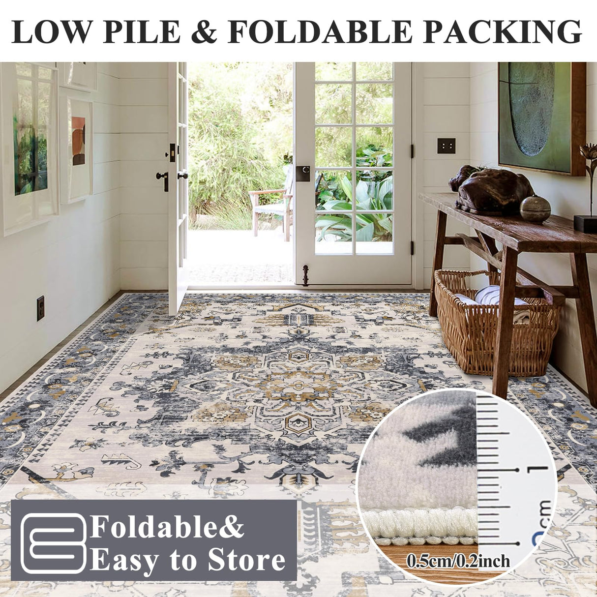 Washable Area Rug 6x9 - Non-Slip Boho Vintage Distressed Low Pile Carpet