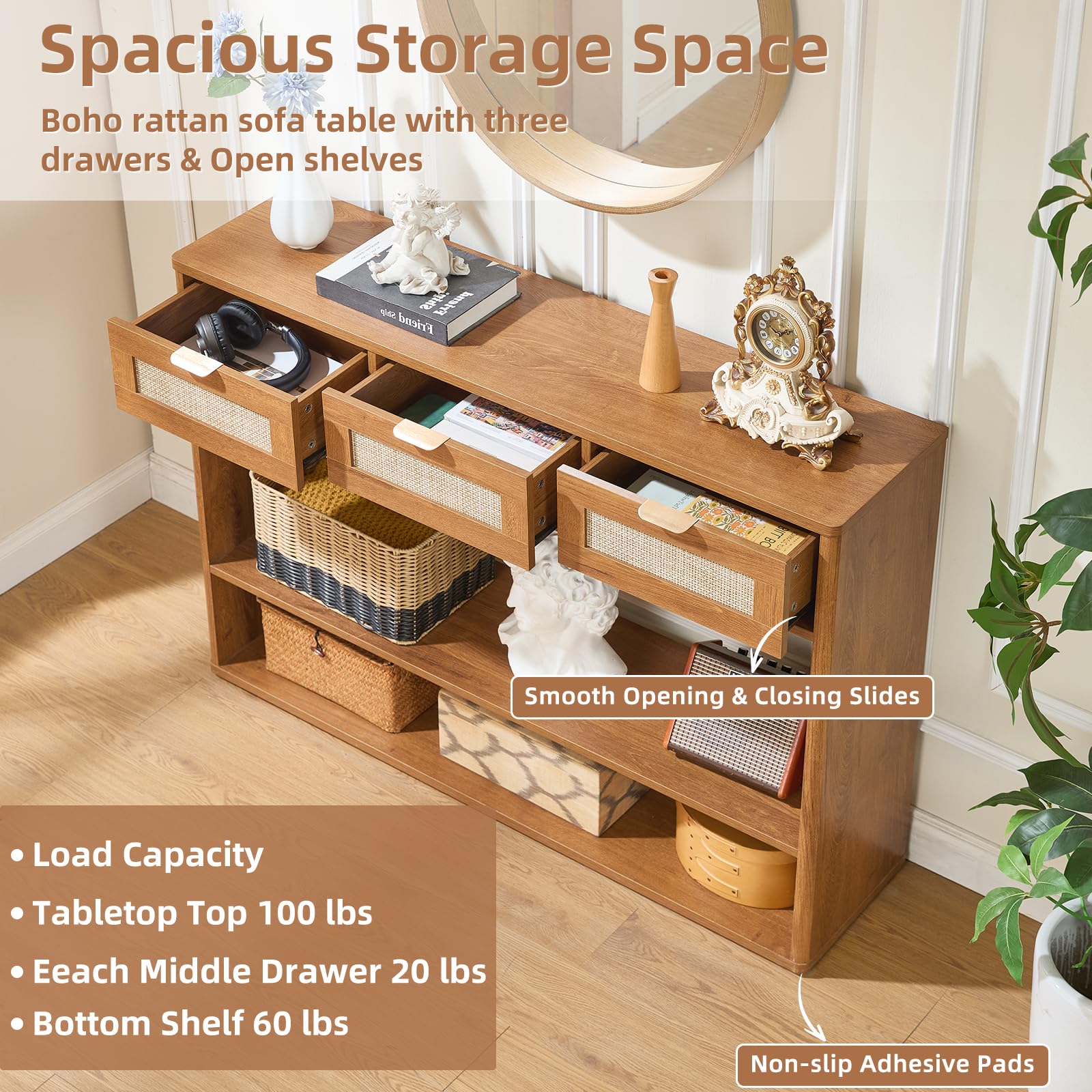 48" Boho Rattan Console Table with 3 Drawers