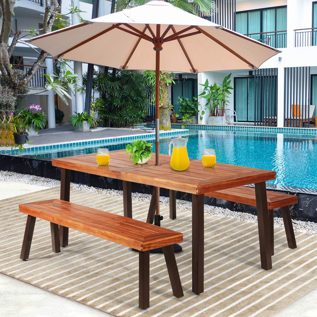 2 Pieces Outdoor Acacia Wood Bench, Patio Dining Bench