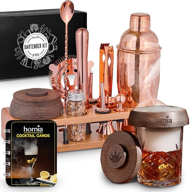 Kit with Whiskey Smoker - 13 pcs, Pine Stand - Bar Set with Cocktail Shaker