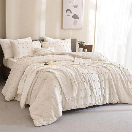 Tufted White Full Comforter Set (80x90 inches), 3 Pieces- Soft Cotton Jacquard