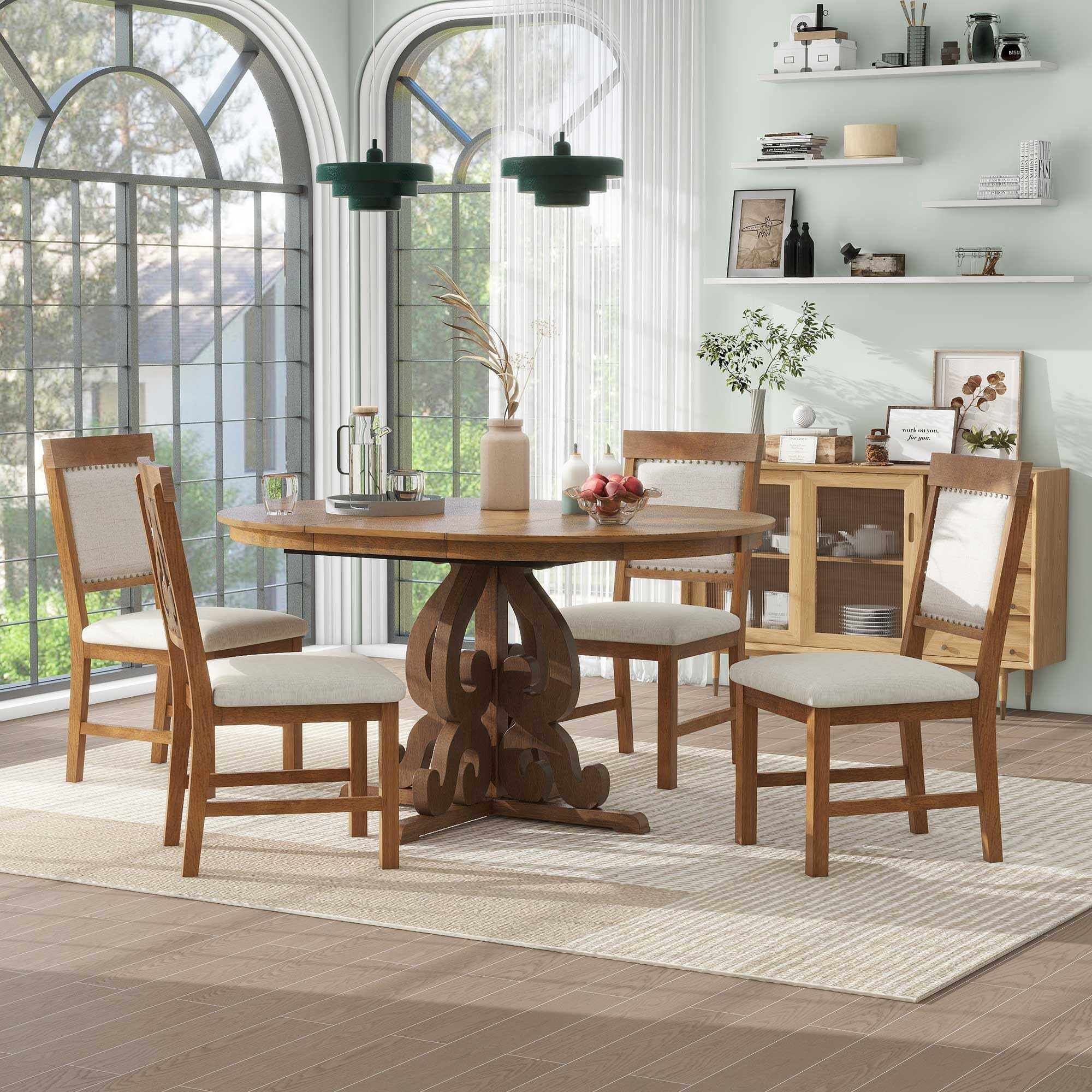 Round Solid Wood Dining Table Set for 4 - 5-Piece Farmhouse Kitchen Set