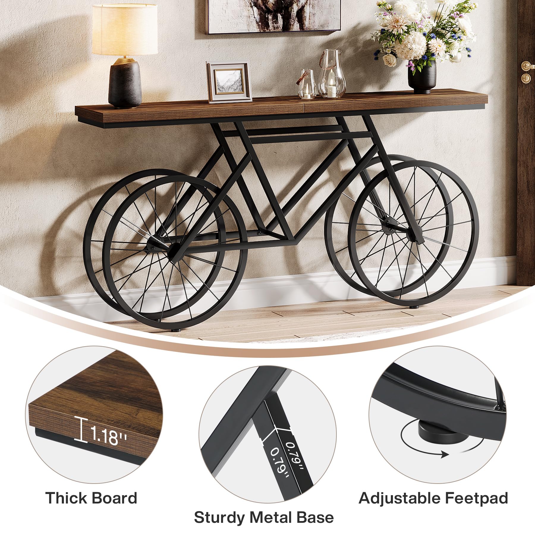 70.9-Inch Extra Long Console Table, Narrow Sofa Table with Bicycle Metal Base,